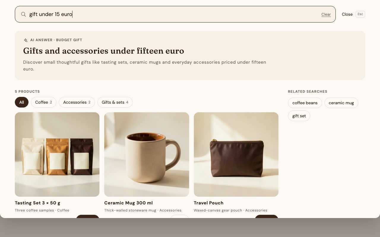 The overlay answering "gift under 15 euro"
