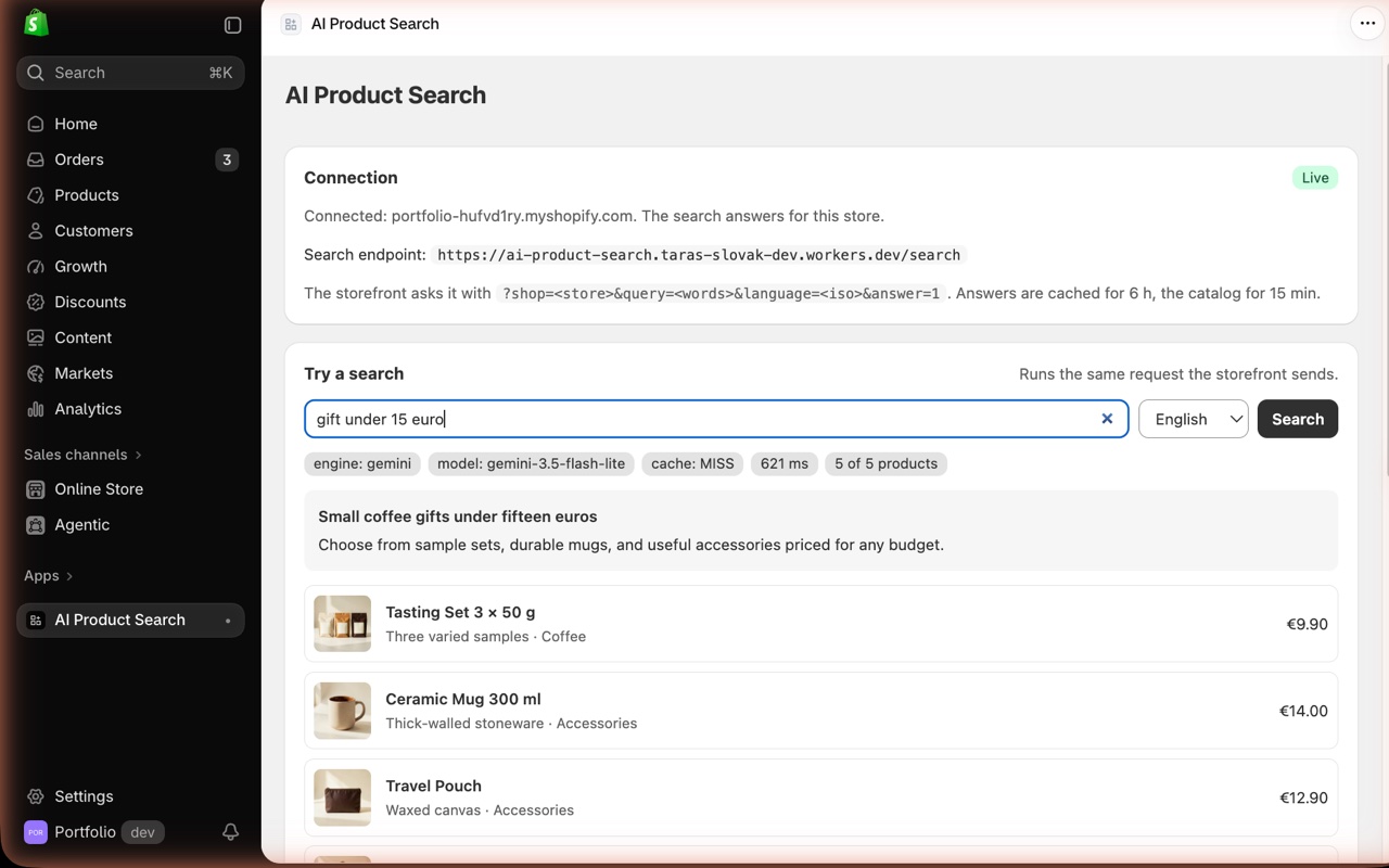 The app's admin: a test query answered by Gemini in 621 ms, the same request the storefront sends