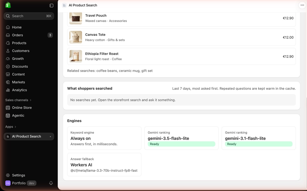 The engines: keyword search answers first, Gemini ranks, Workers AI is the fallback for the answer