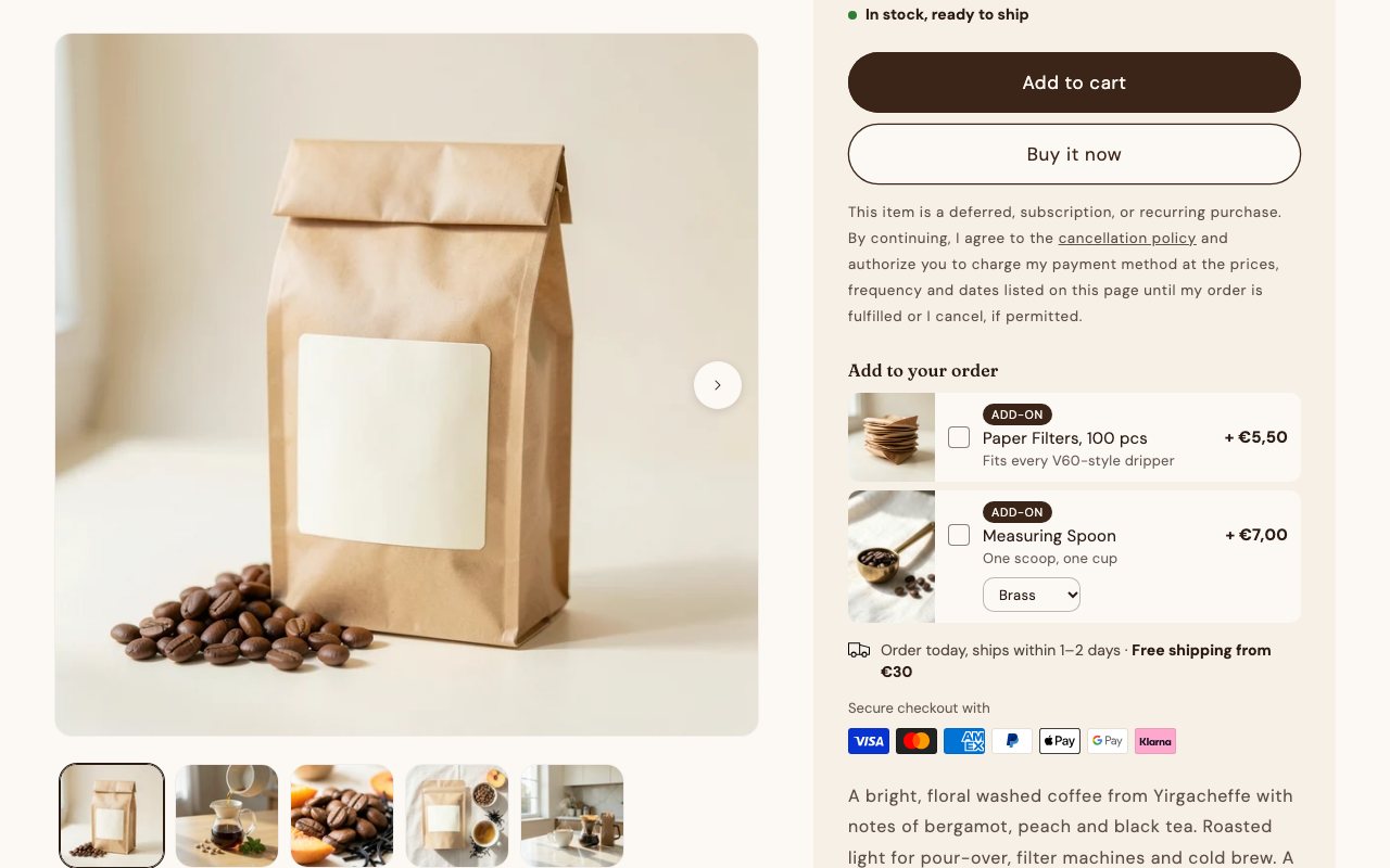 Add-ons under the buttons with their own variant select, the delivery note and payment icons