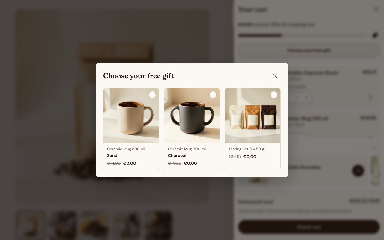 The reward picker: every option at €0,00 with its price struck through