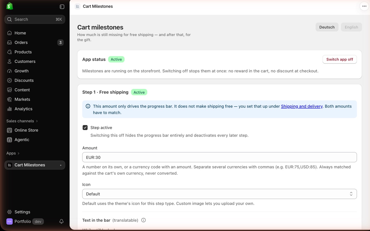 The app's admin: the on/off switch and every step with its amount, icon and translatable bar texts