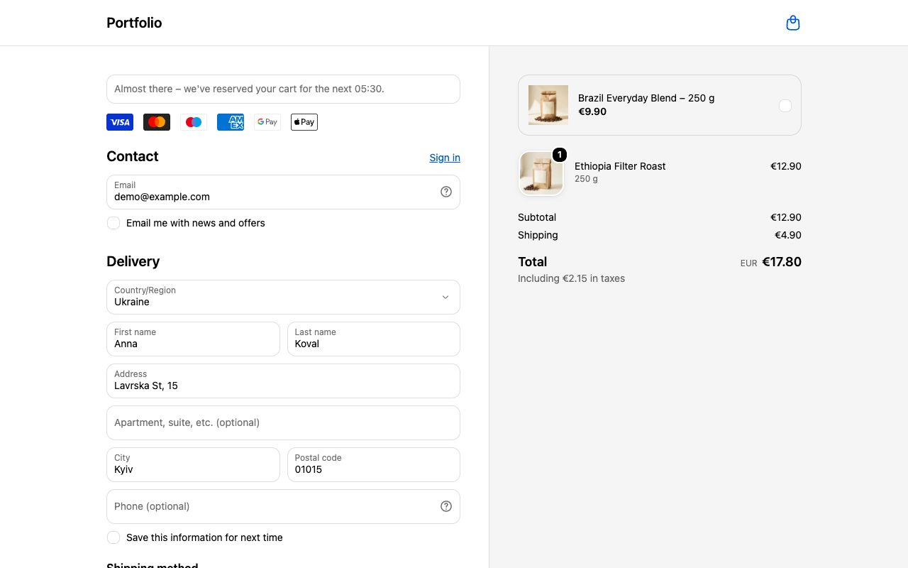 Timer and payment logos above the contact form; the upsell card on top of the order summary