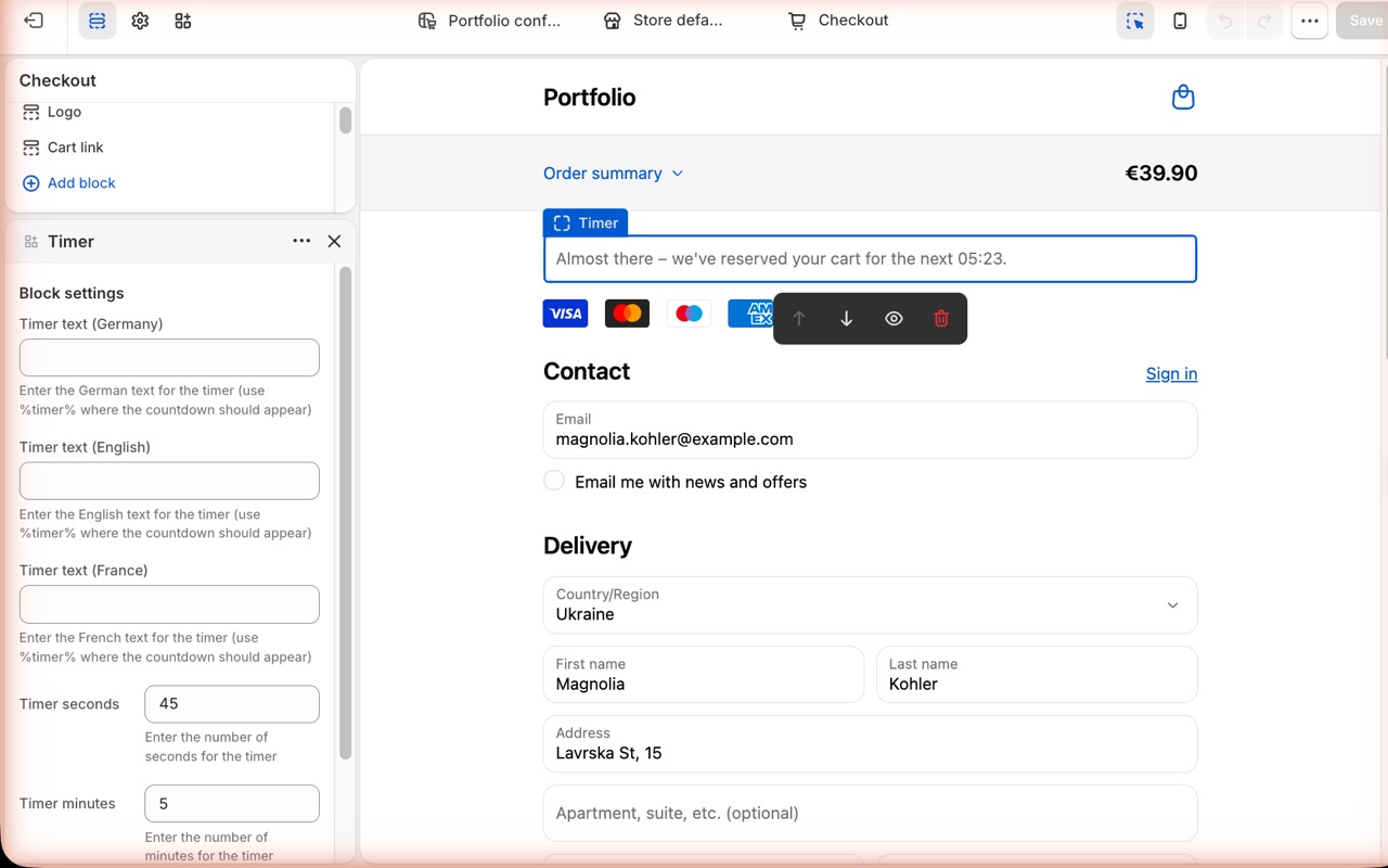 Shopify's checkout editor: the Timer block and its settings in three languages