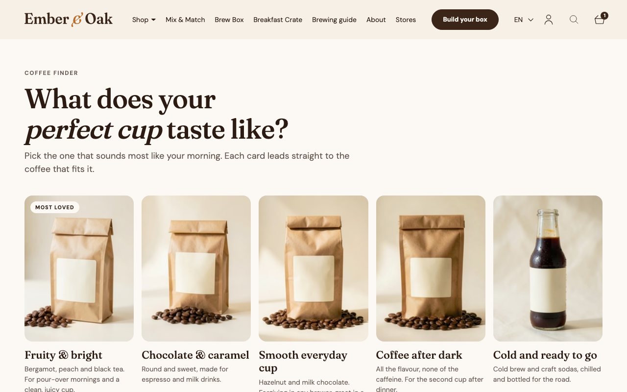 Five taste cards, each leading to the coffee that fits