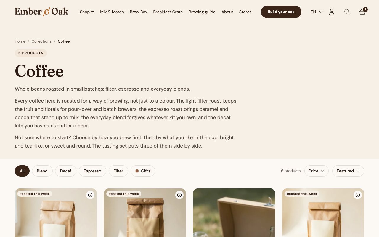 The Coffee collection with tag pills and the sort