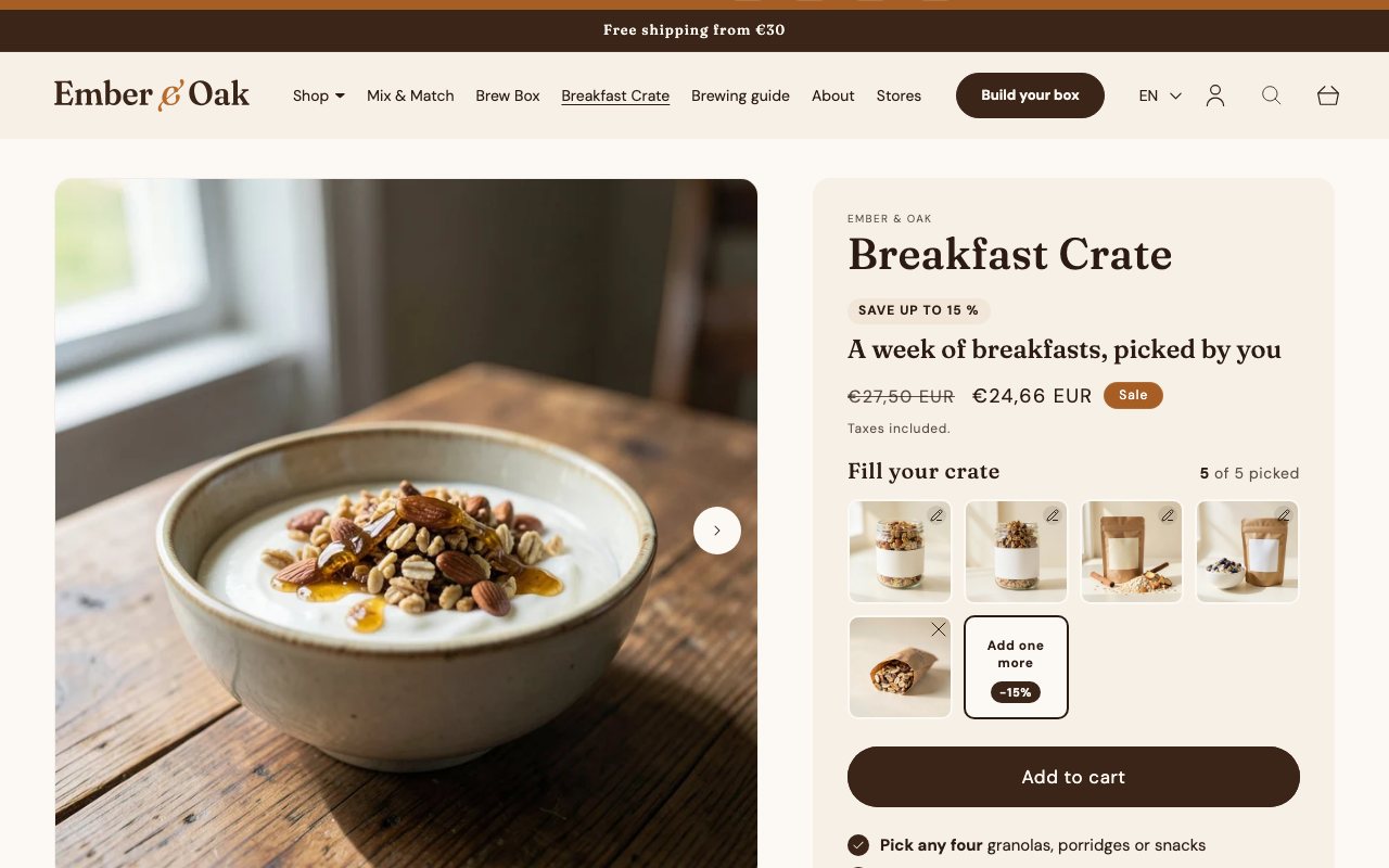 Breakfast Crate, 4 + 4: four base picks in a row and an optional fifth