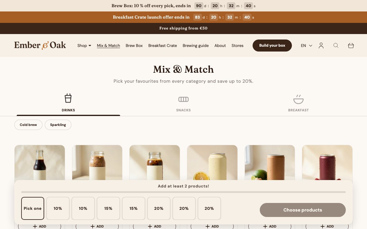 The Mix & Match page: categories, sub-tabs and the bar with a slot per pick