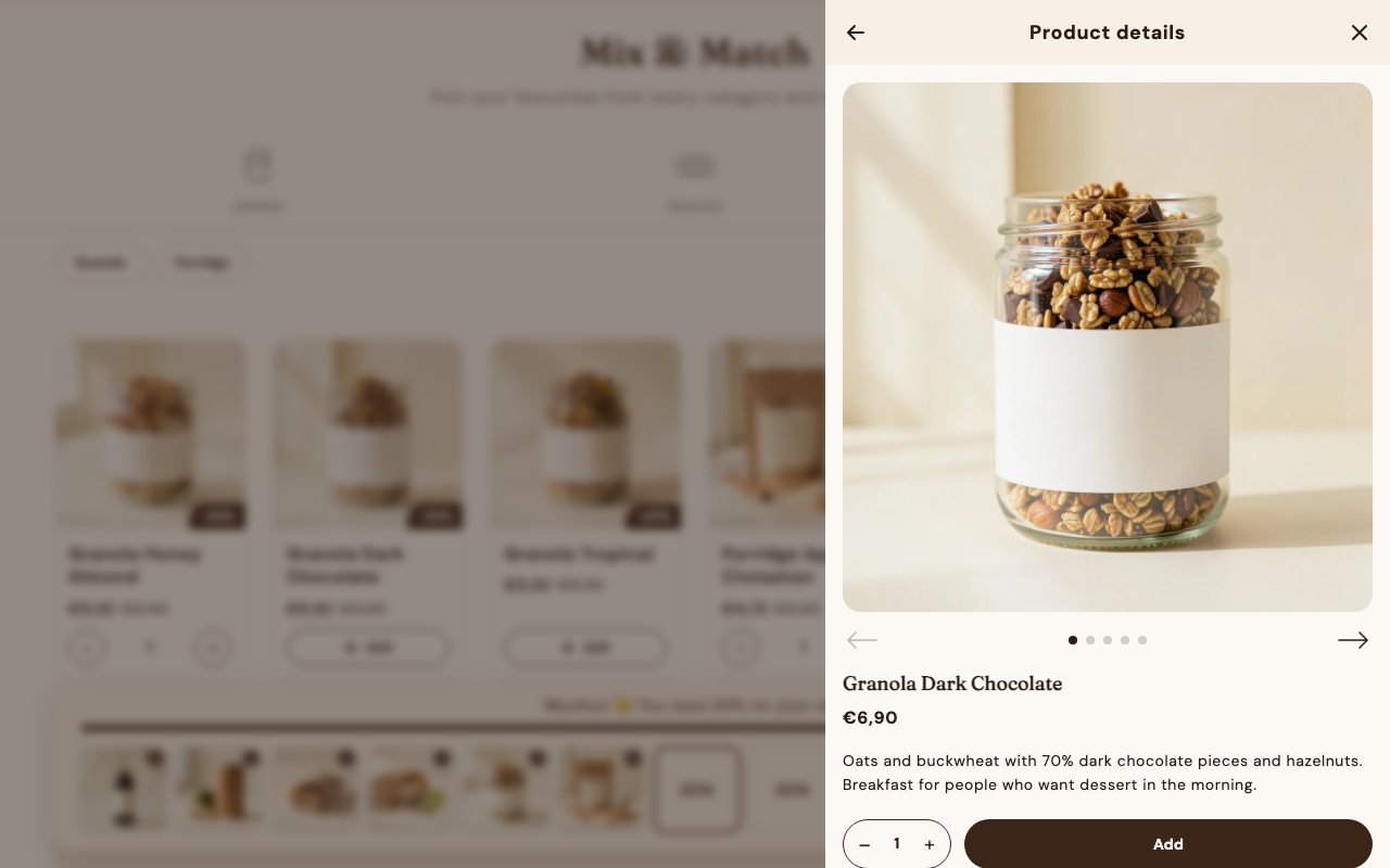 Product details in a side panel, with its own quantity and add button