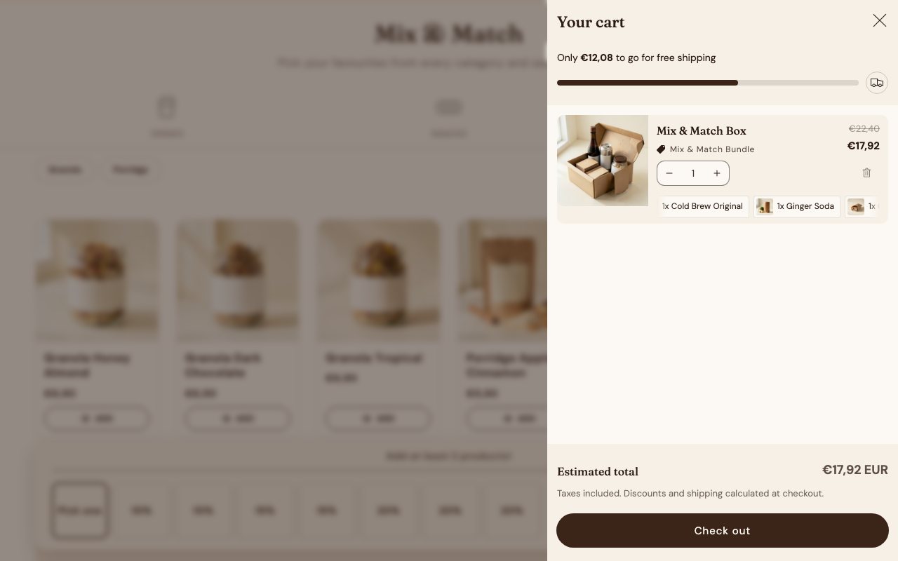 The cart drawer: one line, the discount named, the contents as a chip marquee