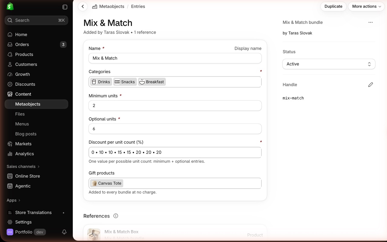 In the admin the box is one metaobject entry: categories, minimum and optional picks, the discount per count, the free gift