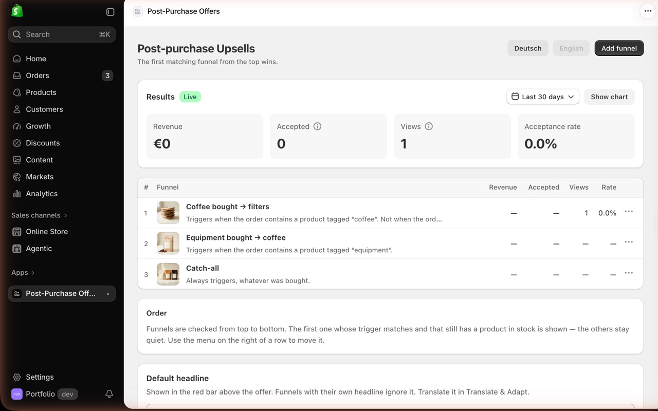 The app's admin: results and the funnels, checked from the top; the first match wins