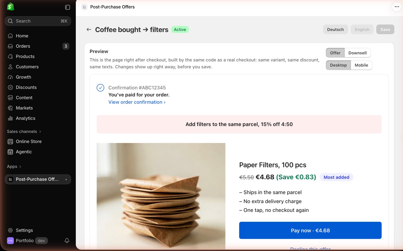 A funnel with a live preview of the offer page, rendered by the same code as the real one