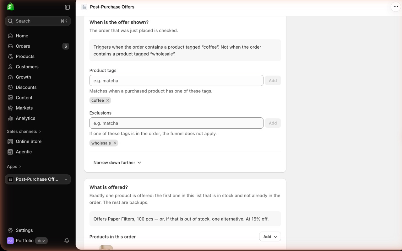When the offer is shown: product tags and exclusions