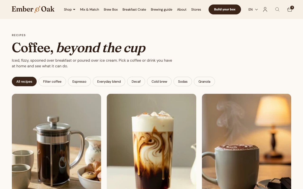 The recipes page with the product filters