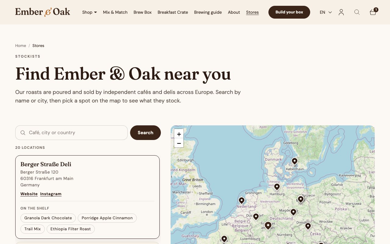The Stores page with 20 B2B customers on the map