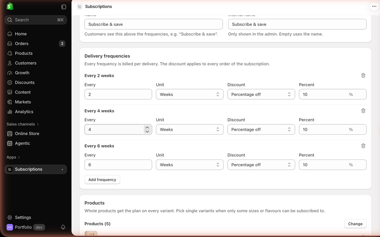 The app's admin: a plan with its delivery frequencies and the discount for each
