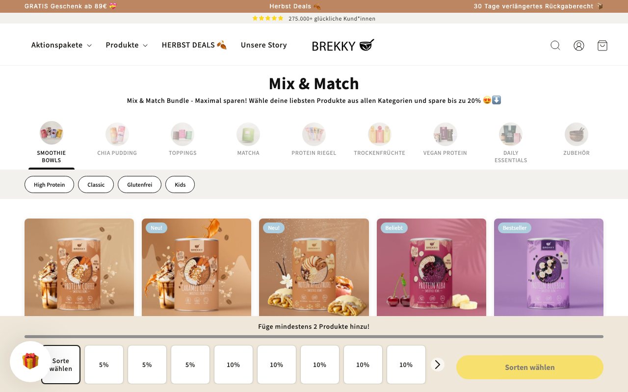 brekky.com: сторінка Mix & Match з категоріями і панеллю слотів