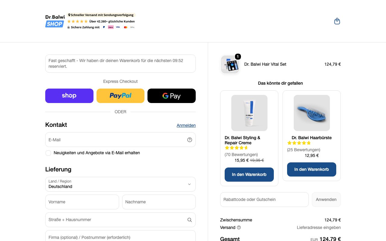 Чекаут drbalwi-shop.com: таймер резерву, рядок довіри і пропозиції товарів у підсумку