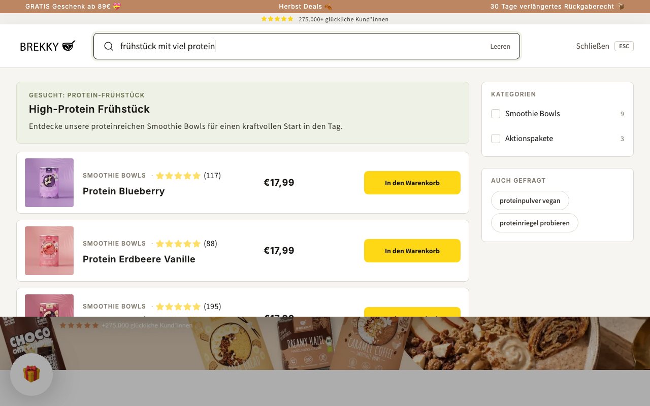 brekky.com: пошук із відповіддю на запит «frühstück mit viel protein» — заголовок, товари і суміжні запити