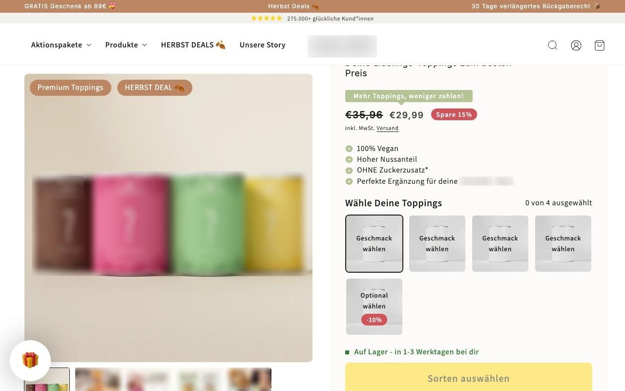 The same function behind the choice sets: four slots and an optional one on a product page
