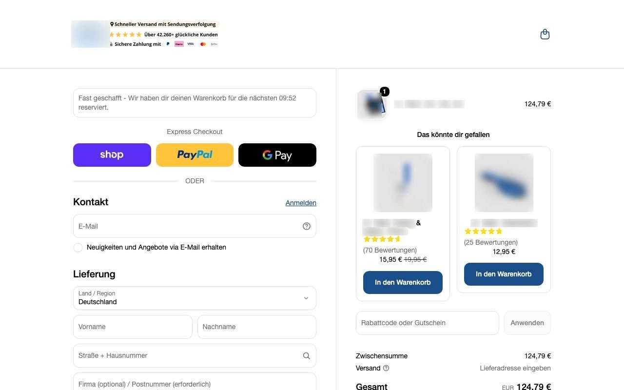 The client checkout: the reservation timer, the trust line and the product offers in the summary