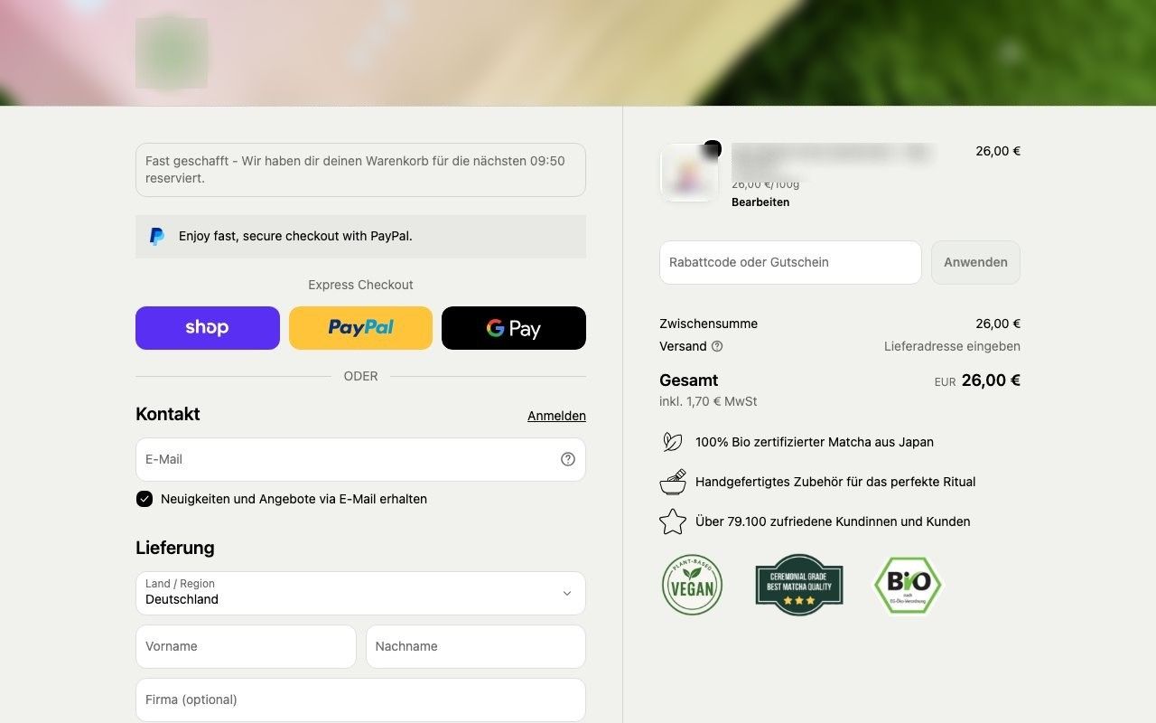 The client checkout: the timer, the PayPal note, the icon rows and the quality seals
