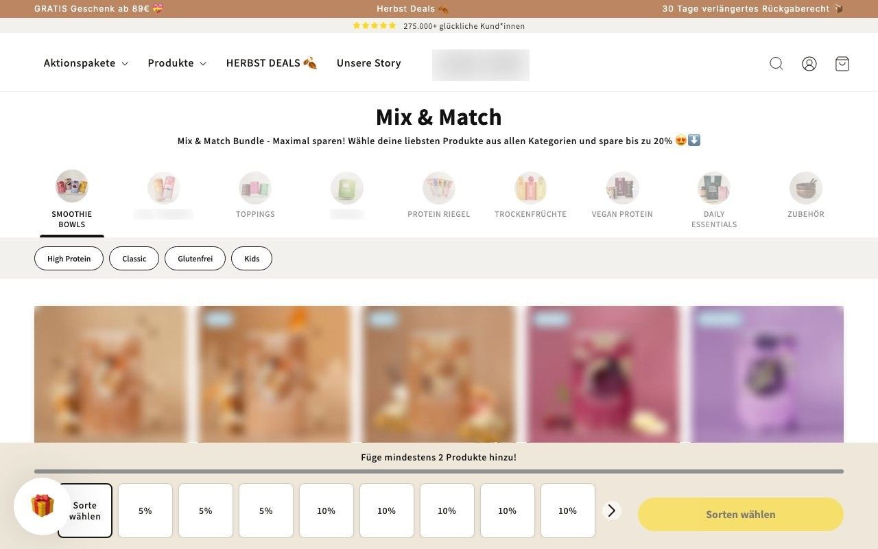The client: the Mix & Match page with its categories and the bar of slots