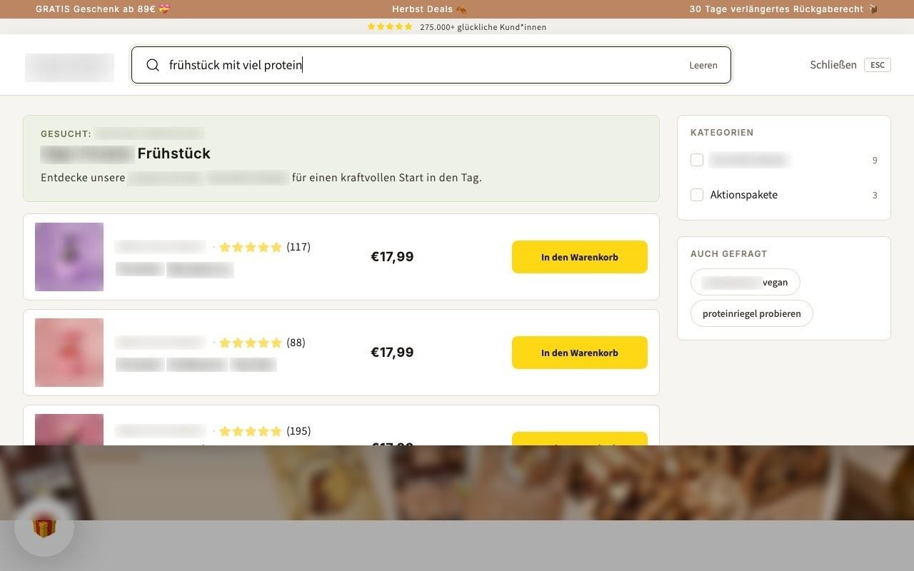 The client: the answer search replies to “frühstück mit viel protein” with a headline, products and related searches