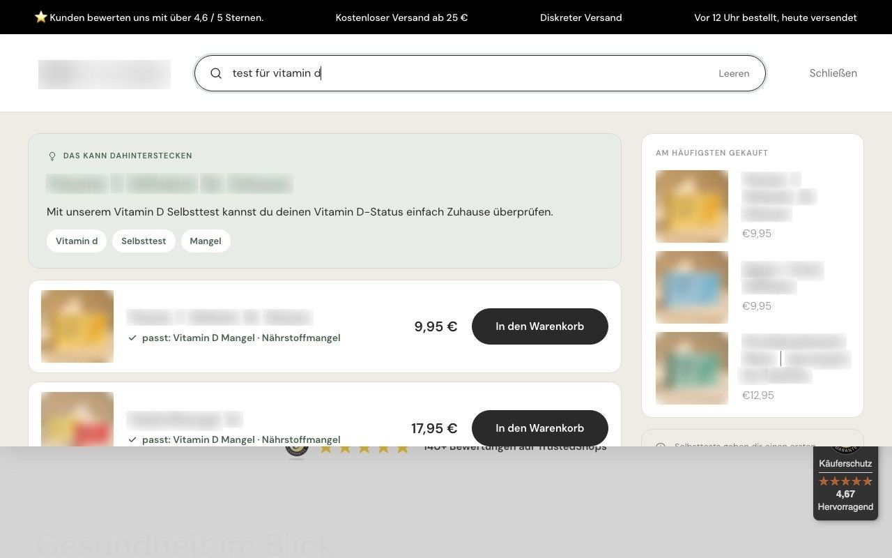 The client: “test für vitamin d” answered with the matching self-tests